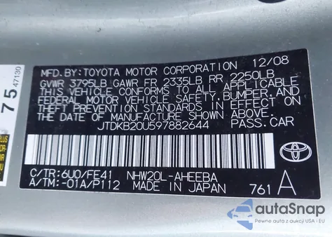 2009 Toyota Prius z USA, uszkodzony, nr VIN JTDKB20U597882644